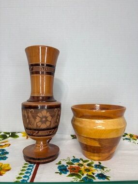 Wood Lathe Turned Footed Vase & Hand-Turned Wooden Planter Pot Decor Set